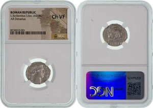 L. Scribonius Libo. 62 BC. AR Denarius. Rome mint. Diademed head of Bonus. NGC - Picture 1 of 1