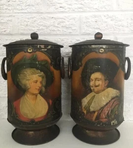 Pair Vintage Antique Canisters Urns Vases w/ Cavalier & Lady Portraits H 11” - Picture 1 of 11