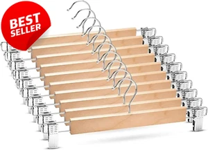 "35cm Wooden Trouser Hangers, 10PCS, Adjustable Clips, Chrome Hook, Heavy Duty" - Picture 1 of 12