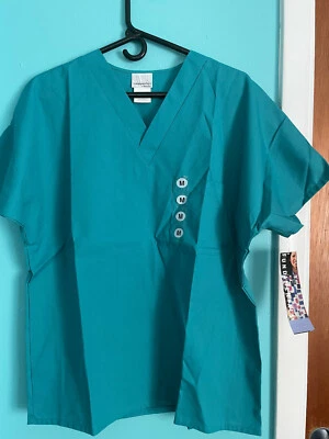 Ladies Solid Teal Medium Short Sleeve Polyester Blend Scrub Top Front Pocket - Image 1 of 4