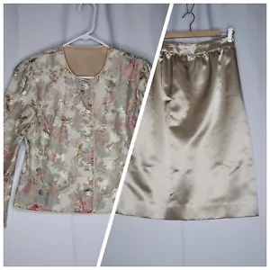Miss Elliette Vtg 60s Damask Floral Skirt Suit 12 Gold Multicolor Jewel Button - Picture 1 of 23