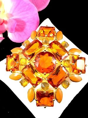 IMPRESIONANTE BROCHE GRANDE JOAN RIVERS NARANJA ÁMBAR ESTRÁS CABUJÓN CRUZ MALTESA Foto 1 de 4