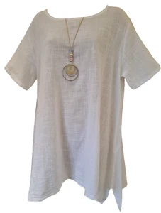 Italian Lagenlook Top white Cotton Necklace round neck Tunic One Size UK 12-18 - Picture 1 of 7