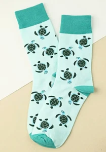 Sea Turtle Turtles Crew Socks Size 10-13 Happy Socks Fashion Rare Teal Blue - Picture 1 of 4