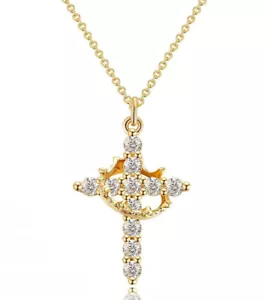 14k Gold Cross Necklace for Women,Cubic Zirconia Crown Cross Pendant Necklaces - Picture 1 of 18