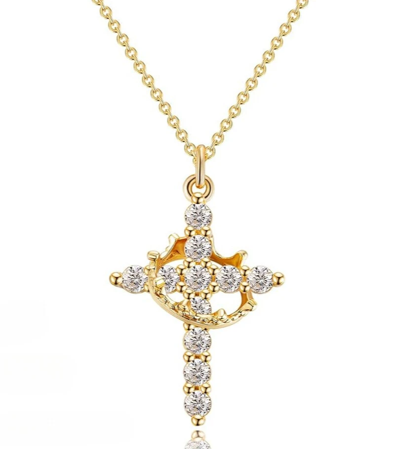 Collar Cruz Oro 14k para Mujer, Circonita Cúbica Corona Cruz Colgante Collares Foto 1 de 1