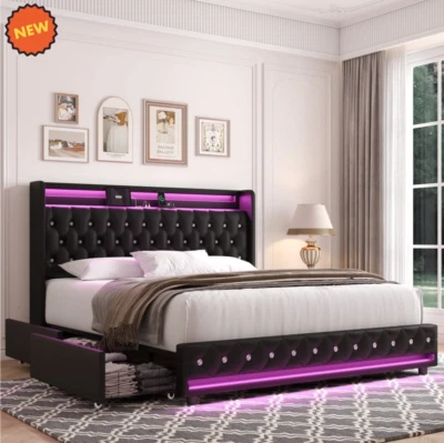 Marco De Cama Plataforma FULL Con Almacenaje Cabecera Tapizada Cuero PU LED Luz — 第 1/4 张图片