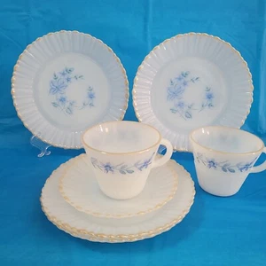 7pc TERMOCRISA MEXICO Blue Floral Gold Rimmed Milk Glass Plates Cups Saucer Mix - Picture 1 of 19