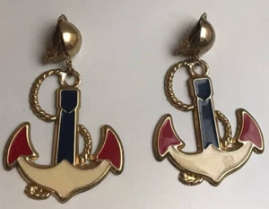 Vintage Colorful Enamel Anchor Shape Clip On Earrings Gold Tone Womens Jewelry - Picture 1 of 8
