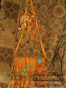 BORSA A TRACOLLA Arturo E.Reyna Tribal UNISEX in pelle FRANGE TURCHESE artigianale - Foto 1 di 12