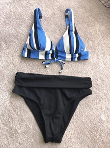 LADIES MIX MATCH BIKINI TOP SZE 12 FRM F&F BLUE MIX STRIPE NEW BOTTOMS SZE 8 PRI - Picture 1 of 22