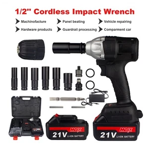 21V Cordless Impact Wrench 1/2" 520Nm High Torque Brushless Wrench + 2 Batteries - Picture 1 of 12