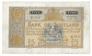BANK OF SCOTLAND £5 Banknote July 1936 Prefix 19/M Elphinstone Beveridge SC112a - Picture 1 of 2