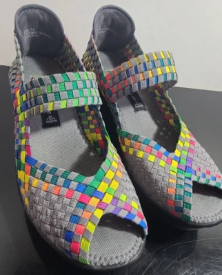 Steve Madden Brice Wedge 7.5 Mary Jane Rainbow Woven Stretch Open Toe - Image 1 of 4
