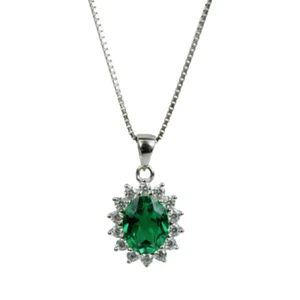 WHITE GOLD FINISH Created Diamond Green Emerald Oval Cut Cluster Pendant  - Picture 1 of 6