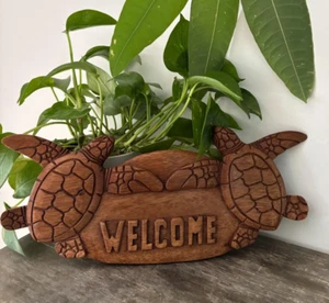 Hawaii Hand Made Wall Hanging Decor WELCOME Honu Turtle Wood Sign - Picture 1 of 4