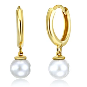 Wellingsale 14k Yellow Gold 6mm Cultured Pearl Hanging Earrings (20 x 10 mm) - Picture 1 of 7