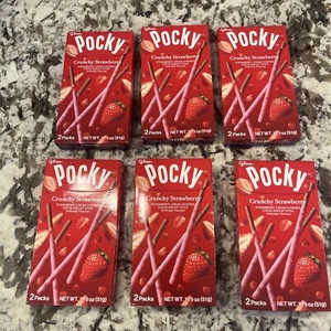 6 Glico Pocky Crunchy Strawberry Cream Covered Chocolate Biscuit Sticks 1.79oz - Picture 1 of 8