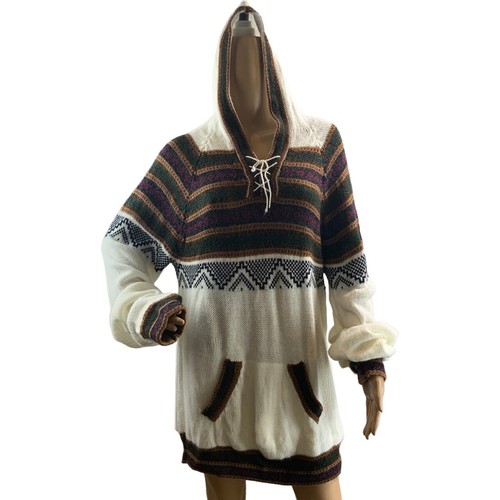 OFF WHITE Felpa con cappuccio Artesania panna a righe canguro tasca Baja taglia Med Western Indie Sleaze