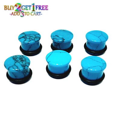 Pair 8g-25mm TURQUOISE HOWLITE STONE PLUGS Single Flare Gauges Organic Ear 1541 - Image 1 of 2