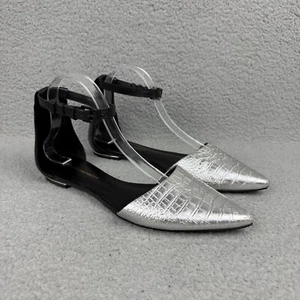 Rebecca Minkoff Flats Womens 10 Shoes Silver Black Crocodile Print Strap Sandals - Picture 1 of 11