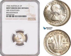 AF646, Australia, Elisabeth II, 3 Pence 1964, Silver, NGC UNC Det., Mint Error - Picture 1 of 1