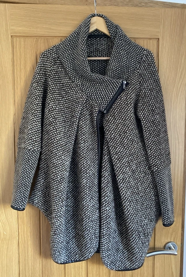 Italian Made Wool Blend Asymmetrical Zip Coat One Size Draped Shawl Collar Jacke - Image 1 of 4