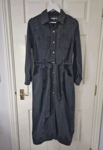 Oliver Bonas Denim Dress Size 12 Long Sleeves Snap Front Midi Tie Belt Grey  - Picture 1 of 9