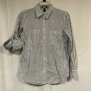 Lauren Jeans Co. Blue Striped Roll Tab Long Sleeve Button Down Blouse Women’s M - Picture 1 of 4