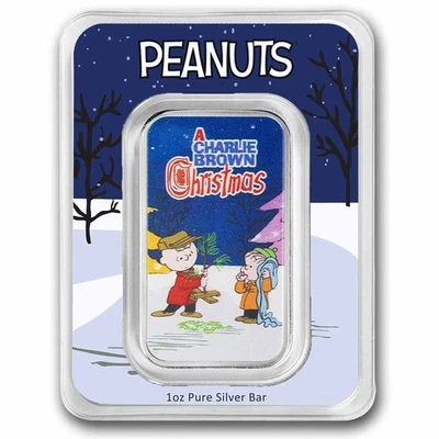 Barra de plata coloreada Peanuts® 60th A Charlie Brown Navidad 1 oz Foto 1 de 4