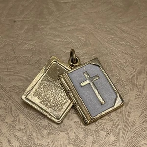 Vintage goldfarben weiß Bibel Buch Kreuz Halskette Anhänger Armband Charm Vaterunser - Bild 1 von 10