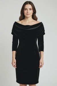 Abito da cocktail Chico's in velluto spalle scoperte scollo drappeggiato manica 3/4 nero tg. 1 - Foto 1 di 10