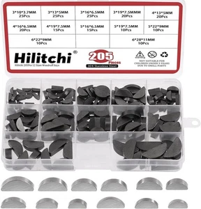 205Pcs 12 Sizes Carbon Steel Woodruff Keys Half Moon Assortment Kit, Semicircle - Picture 1 of 7