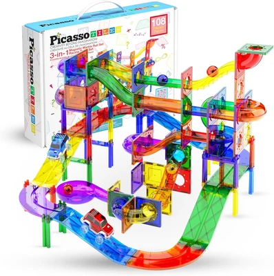 108Pc 3-In-1 Marble Run Car Race Track Combo Magnetic Tiles Picassotoys Magnet B - Image 1 of 4