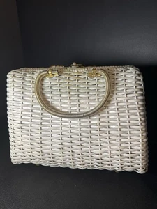 White Wicker Handbag with Metal Handles & Floral Lining Mid Century Purse - Picture 1 of 7