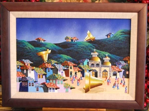 OOAK MARCO ALQUINGA CONTEMPORARY SURREALISM BELLS VILLAGE LANDSCAPE FOLK ART OIL - Picture 1 of 24