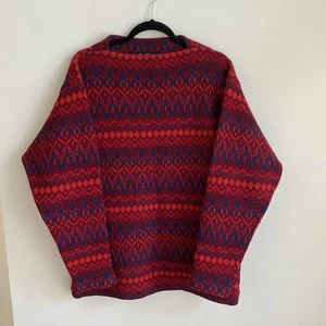 Maglione donna vintage 100% pura lana grande blu rosso austriaco Wollpö Kitzbühel - Foto 1 di 7