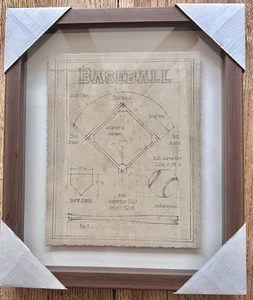 BASEBALL Cepia Ton "Blaupause" gerahmte Schattenbox 11" x 13" Kunstwerk NEU! - Bild 1 von 3