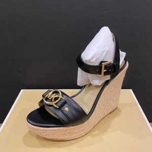 Michael Kors Rory MK Logo Black Espadrille Wedges Sandals Shoes Multi Size NEW - Picture 1 of 5