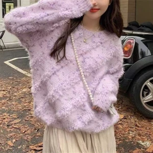 Women Striped Fluffy Knitted Sweater Loose Pullover Tops Long Sleeve Soft Winter - Picture 1 of 12