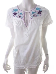EDC T. XS Blanco Blusa Túnica Algodón 100% Manga corta Bordado - Imagen 1 de 5