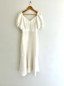 COUNTRY ROAD WOMENS MIDI LINEN BLEND DRESS SIZE 8 WHITE V-NECKLINE PUFF... - Picture 1 of 9