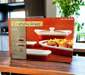 5 Pc CorningWare Etch Brick Red Stoneware Casserole Dishes 3 qt 2.5 qt Lid 27 oz - Picture 1 of 8