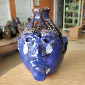 Blue Glazed Crying Eyes Face Jug with Tears by Billy Joe Craven | 7.75" x 6" - Picture 1 of 7