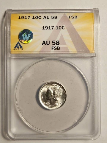 1917 P Mercury Dime ANACS AU-58 Sight White Cover