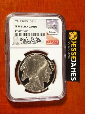 2001 P PROOF SILVER BUFFALO COMMEMORATIVE DOLLAR NGC PF70 MIKE CASTLE SIGNED - Image 1 of 2