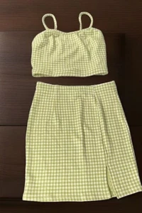 ** Forever 21 Women’s Two Piece Skirt With Top Lime Green Check H10-13 - Picture 1 of 10