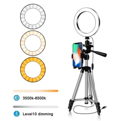 Anillo de luz de 10" con soporte de trípode ajustable y soporte para teléfono para captura de video en vivo Foto 1 de 4