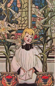 BELLISSIMA CARTOLINA PASQUALE D'EPOCA CORO RAGAZZO IN MEZZO AI GIGLI PASQUALI c1910 030225 U - Foto 1 di 2