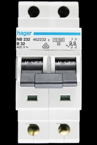 HAGER 32 AMP CURVE B 10kA DOUBLE POLE MCB CIRCUIT BREAKER NB232 462232 - Picture 1 of 6